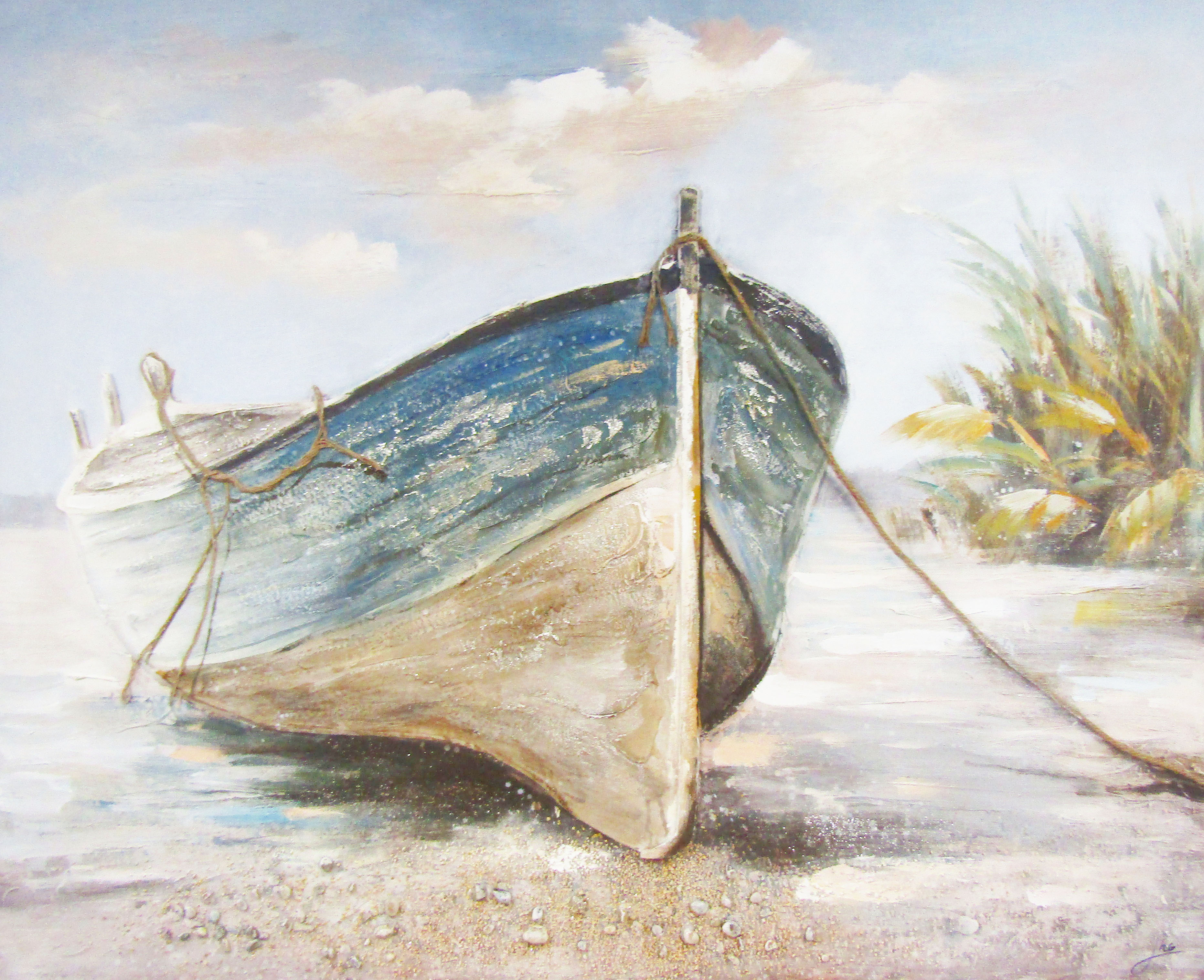PXYW683 Wall décor art oil on canvas seascape boat on beach